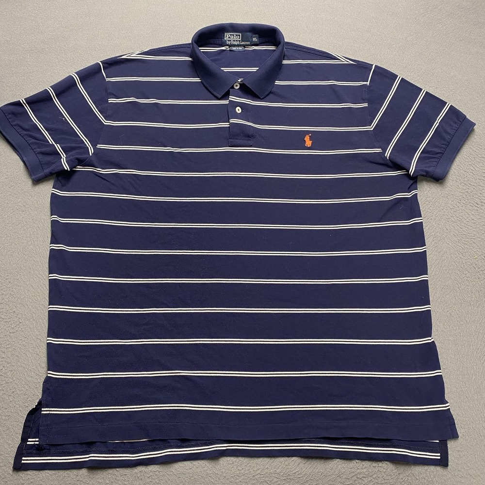 Ralph Lauren Polo Shirt Mens XL Navy White Stripe Pima Cotton Orange Pony Logo